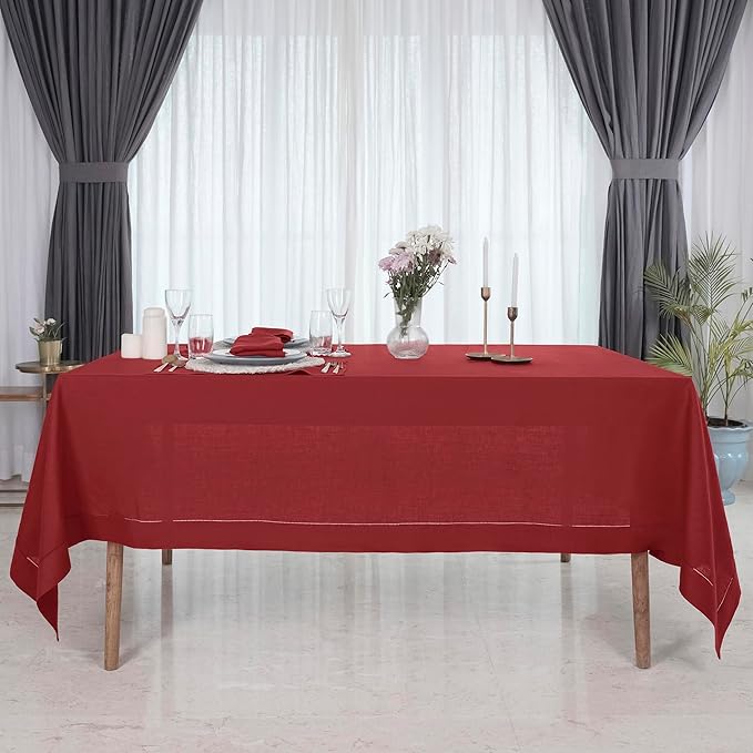 D'Moksha Homes Red Linen Tablecloth for Rectangle Tables 60 x 102 Inch - Classic Hemstitch 100% Pure Linen Red Table Cloth - Machine Washable Dining Tablecloth for Valentines, Spring