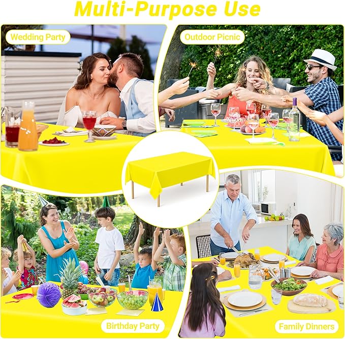 QZYL 4 PCS Rectangle Tablecloth, 54 x 108 Inches Congratulations Decorations of Picnic Table Cover, Robust Yellow Table Cloth for Restaurant Party, Plastic Table Cloth of Leakproof and Waterproof