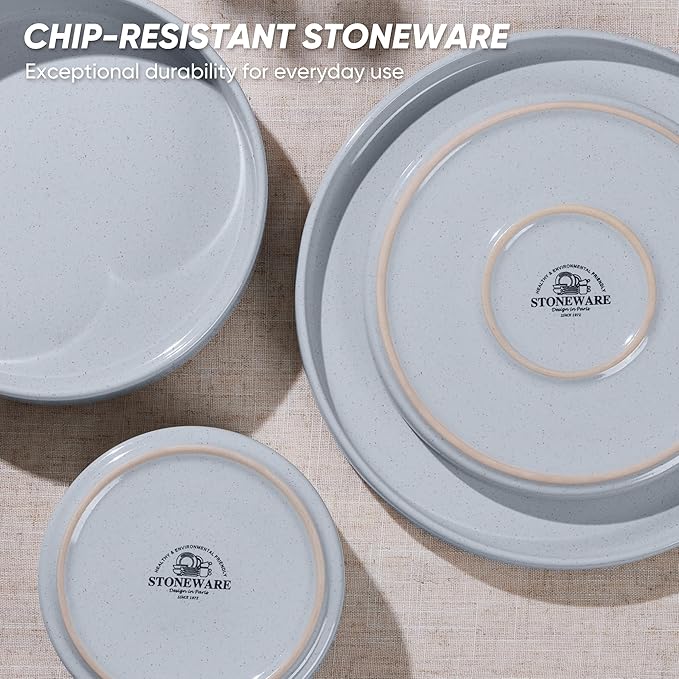 E-far 8-Piece Plates and Bowls Sets - Stoneware Dinnerware Sets with Pasta Bowls for 2 | Microwave & Dishwasher Safe Kitchen Modern Dish Set, Speckled Gray