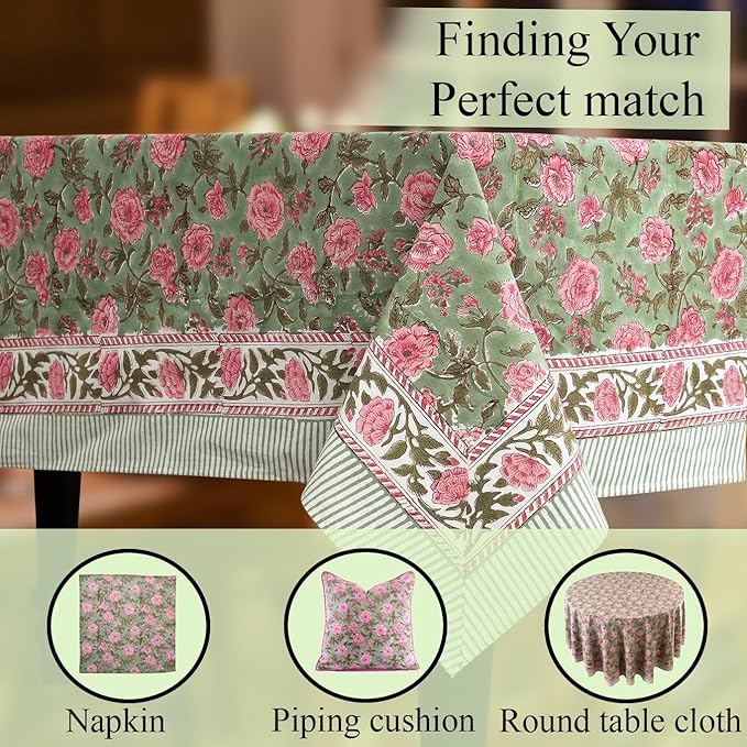 CPC Tablecloth 100% Cotton 70x108 Inch Indian Block Print Rectangle Table Cover, Gray Table Cloth for Weddings, Spring/Summer, Barbeque - Pink Tourmaline