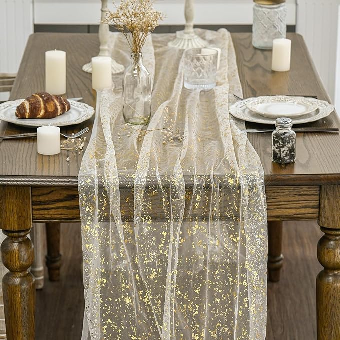 Artoid Mode Beige Gold Gauze Table Runner 120 Inch 10Pcs, Glitter Metallic Foil Sheer Dining Wedding Anniversary Holiday Birthday Table Decor for Home Party