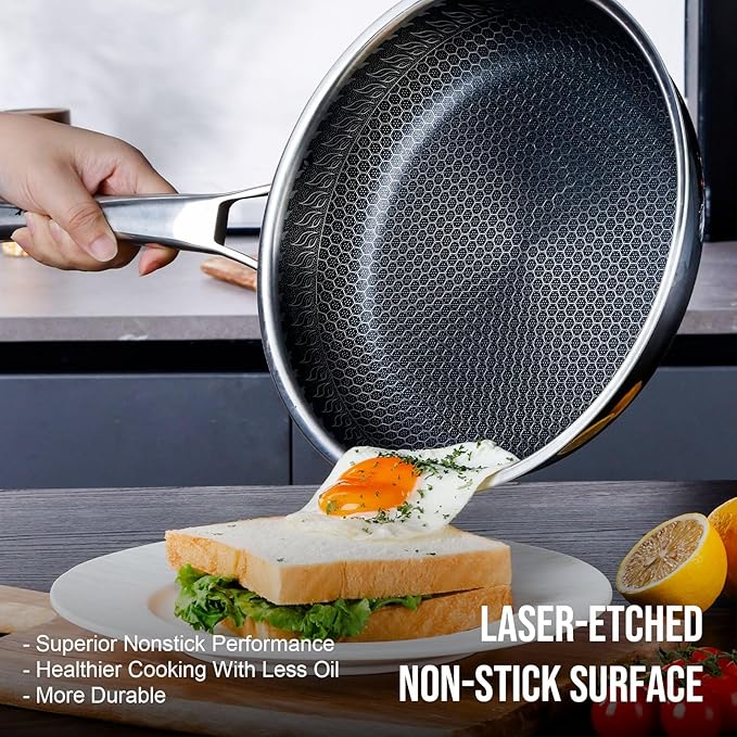 10 Inch Hybrid Nonstick Frying Pan, Stainless Steel Pan Non Stick Skillet, PFOA Free Cookware, Non Toxic Chef's Pan, Compatible with Electric, Gas and Induction, with Lid