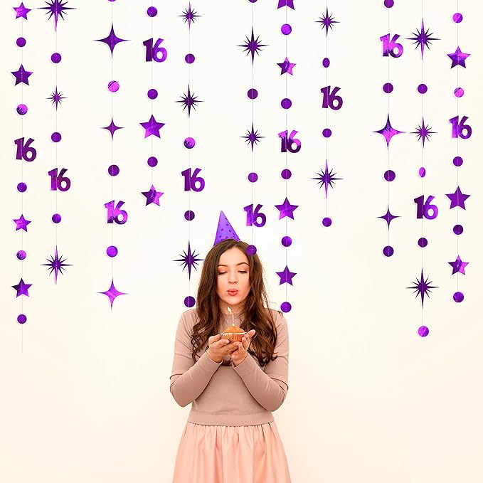 Purple Number 16 Circle Dot Twinkle Star Garland Kit Metallic Hanging Streamer Bunting Banner Backdrop Decorations for Girls Boys 16th Birthday Sweet Sixteen Wedding Anniversary Bridal Shower Party