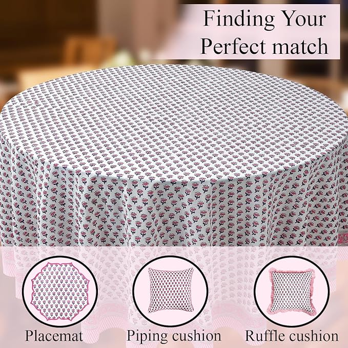 CPC Round Tablecloth- Cotton Indian Block Print Tablecloth -Handmade Printed Washable Cotton Table Cloth - Spring/Summer, Wedding Table Cover - Pink Sapphire 120 Inch