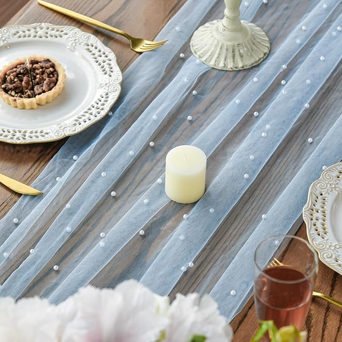 Artoid Mode 6PCS Pearl Blue Gauze Table Runner 120 Inch 10FT, Seasonal Sheer Dining Holiday Wedding Birthday Baby Shower Table Decor for Home Party