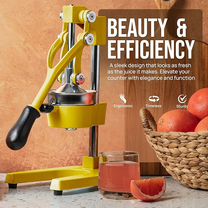 Zulay Kitchen Cast Iron Juicer - Easy-to-Clean Heavy-Duty Manual Juicer, Professional Citrus Juicer - Stainless Steel Lemon Squeezer - Manual Citrus Press & Orange Squeezer - Orange Juicer (Yellow)