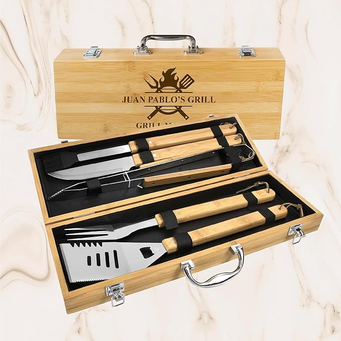 Personalized BBQ set box for men, custom engraved name outdoor cooking barbecue master grilling utensil accessories kit for dad & husband, father’s day gift (Customized)
