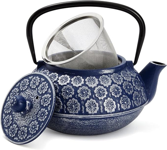 Juvale Japanese Cast Iron Teapot with Infuser & Stovetop Tea Kettle - 34 oz, Blue - Heat Retention, Removable Lid & Fold-Down Handle