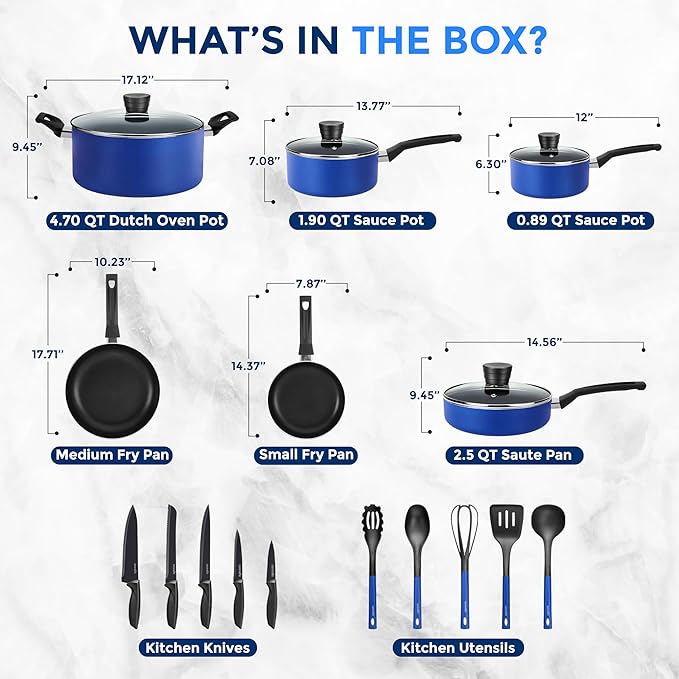 SereneLife 20-Piece Blue Cookware Set with Knives - Includes Multi-Sized Pots and Pans Set Non stick with Lids and Utensils, Heat Resistant, Dishwasher Safe