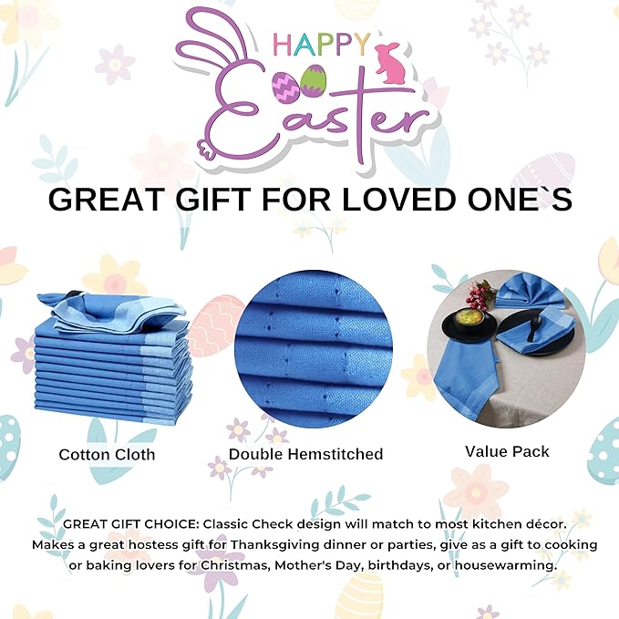 Bedding Craft Cotton Cloth Dinner Napkins Set of 12 – 20x20 Teal Blue Multi Double Hemstitched – Machine Washable Wedding & Party Fabric Table Napkins