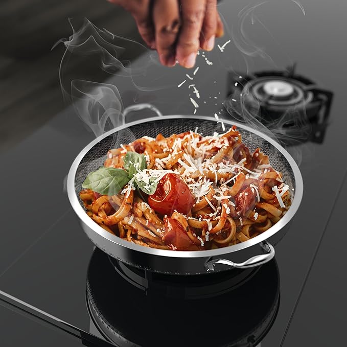 316L Stainless Steel 5QT Saute Pan Hexagon Nonstick Wok with Lid, Two Handle to Hold, PFOA Free, Dishwasher Oven Safe (12 inches,5QT)
