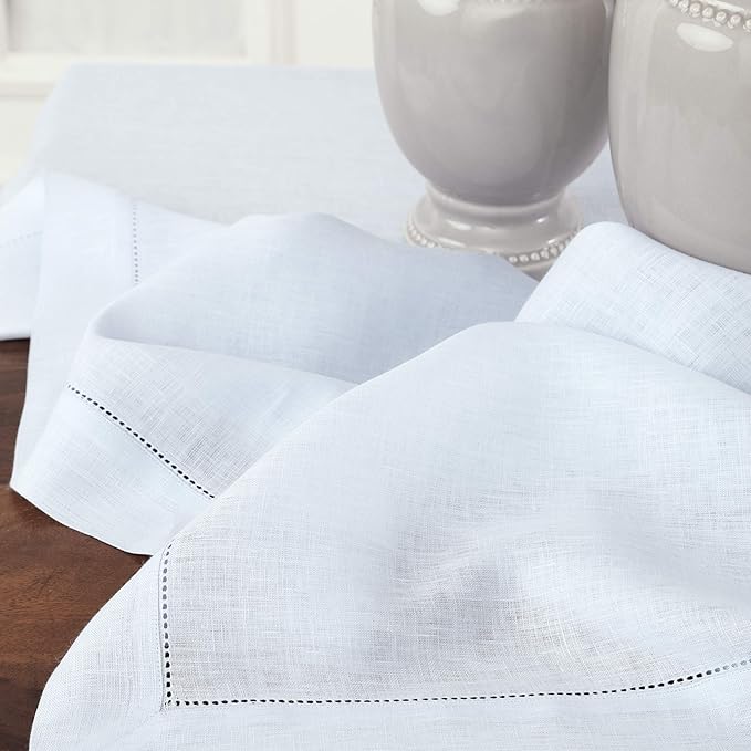 Solino Home Light Blue Linen Tablecloth 60 x 120 Inch - 100% Pure Linen Hemstitch Table Cloth for Rectangle Tables - Classic Hemstitch, Machine Washable Tablecloth for Winter, Spring, Easter