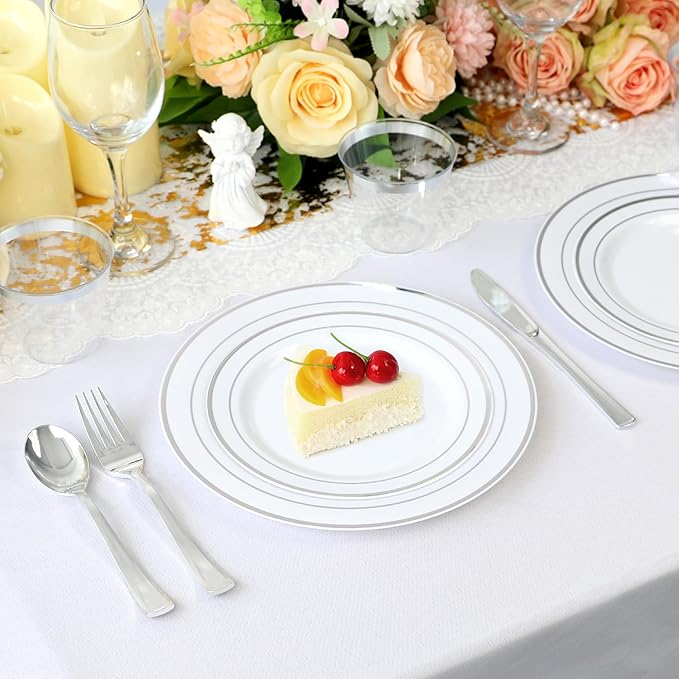 700 Piece Dinnerware Set for Wedding & Party,100 Guest RimPlastic Plates,100 Plastic Silverware,100 Cups,100 Linen Like Napkins (Rose Glod) lkj