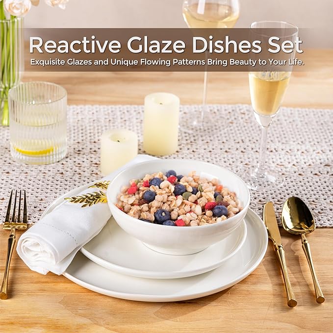 LERATIO Ceramic Dinnerware Sets for 4,Porcelain Plates and Bowls Sets with Wavy Edge,Microwave & Dishwasher & Oven Safe,Light Weight & Scratch Resistant Dishes Sets
