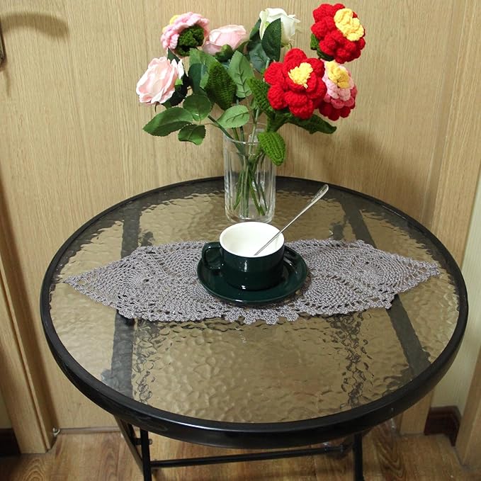 BIBITIME Crochet Lace Table Doilies Eyes Flower Doily Kitchen Vase Place Mats (7 in x 21 in,Pack of 2PCS, Style02-Dark Grey)