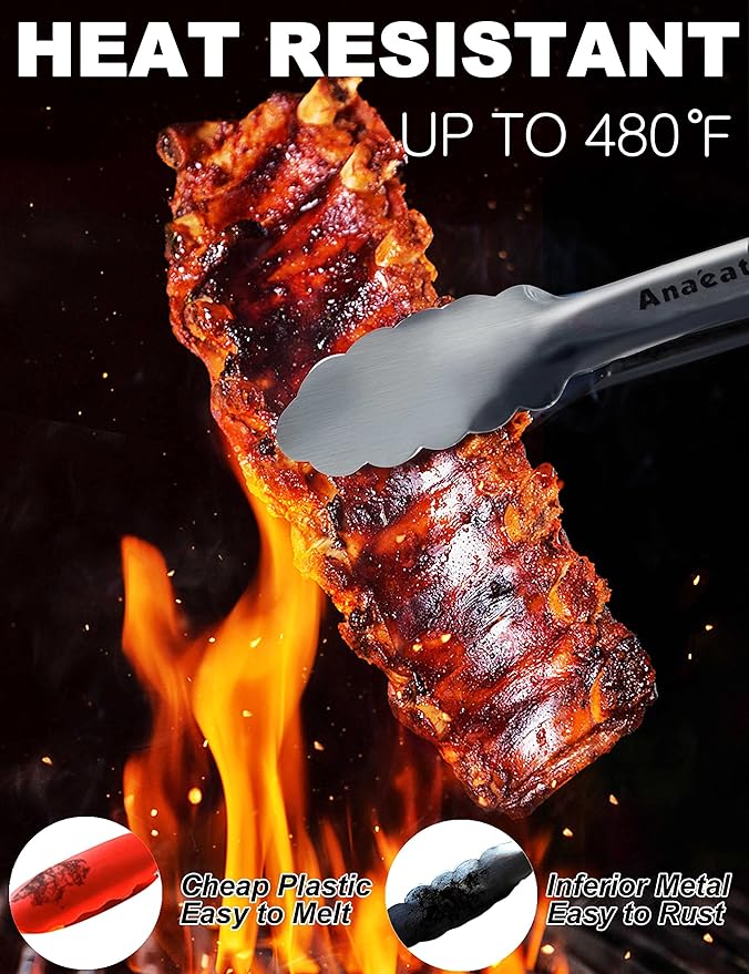 Anaeat Premium Stainless Steel Kitchen Tong, 9" Sturdy Coiled Spring Locking Food Tong with Non-Slip Silicone Grip for Cooking, Baking, Grilling, BBQ - Heat Resistant up to 480°F (Black)