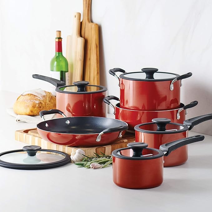 Tramontina Aluminum Non Stick 11-Piece Nesting Pots and Pans Set with Lids - Red, Kitchen Nonstick Cookware Set, Dishwasher and Oven Safe