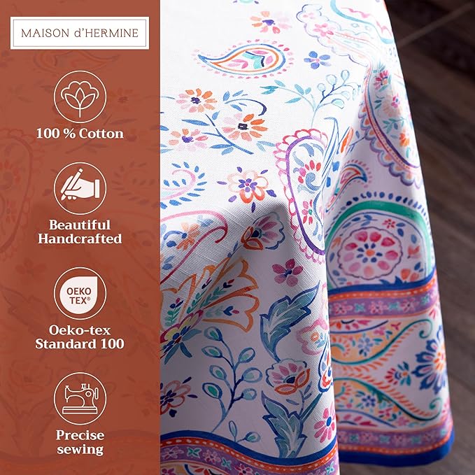 Maison d' Hermine Table Cloth Round Table 100% Cotton 63 Round Inches Tablecloth Reusable Decorative for Dining Room Farmhouse Home Valentines Day Decorations Spring Summer - Indian Floral