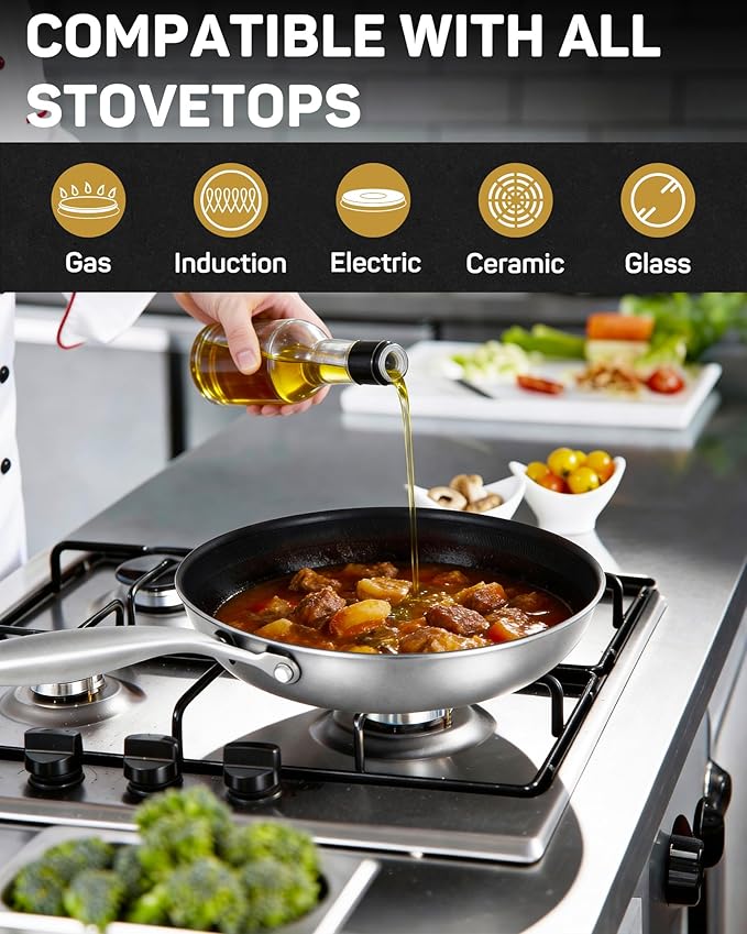 Stainless Steel Nonstick Frying Pan, Hybrid Ceramic 10-Inch Frying Pan, Stay-Cool Handle, PFAS & PFOA PTFE Free, Dishwasher & Oven Safe, Scratch-Resistant, Compatible with Induction & All Cooktops