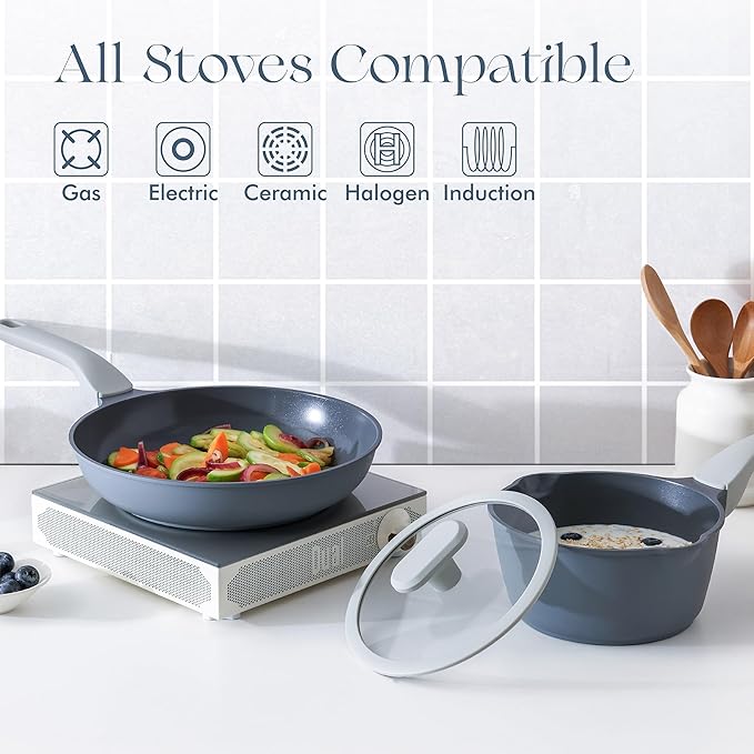 PRICUSIS 5Pcs Ceramic Nonstick Frying Pan Set, 8+10+12 Inch Induction Compatible Skillet with Stay Cool Handle, Fully Coated, 100% Dishwasher Safe, PFAS & PTFE & PFOA Free (Blueberry Gray