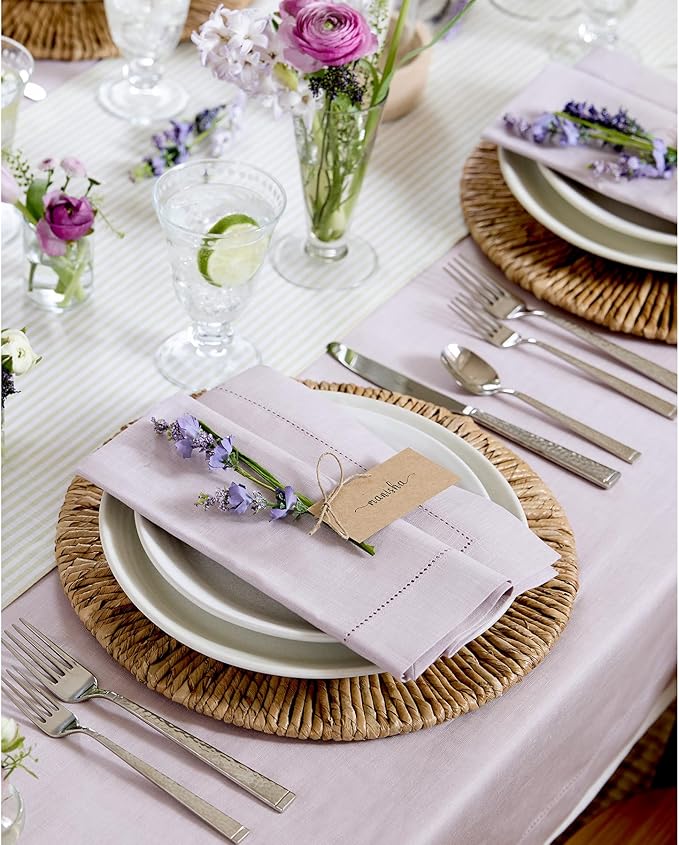 Solino Home Linen Napkins Set of 6 - Classic Hemstitch 100% Pure Linen Lilac Dinner Napkins Cloth 20 x 20 Inch for Valentines, Spring, Easter - Handcrafted and Machine Washable