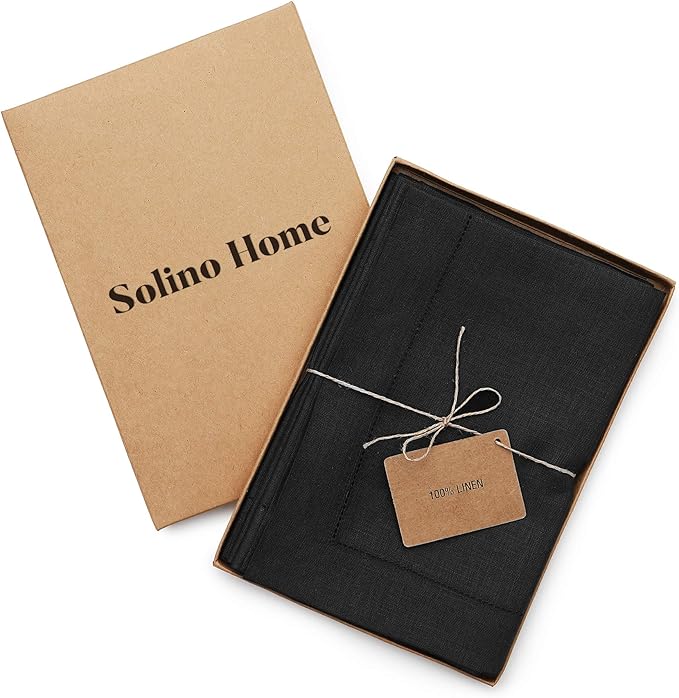 Solino Home Black Linen Napkins Set of 4-100% Pure Linen Hemstitch Dinner Napkins 20 x 20 Inch for Winter, Spring, Easter - Classic Hemstitch
