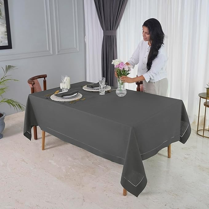 D'Moksha Homes Charcoal Grey Linen Tablecloth 60 x 156 Inch - 100% Pure Linen Grey Tablecloth for Rectangle Tables - Classic Hemstitch, Machine Washable Table Cloth for Spring, Easter