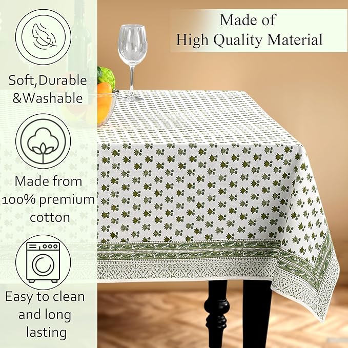 CPC Lotus Meadow Tablecloth 100% Cotton 60x90 Inch Indian Block Print Rectangle Table Cover, Table Cloth for Gifting in Weddings, Halloween, Fall, Christmas, Thanksgiving