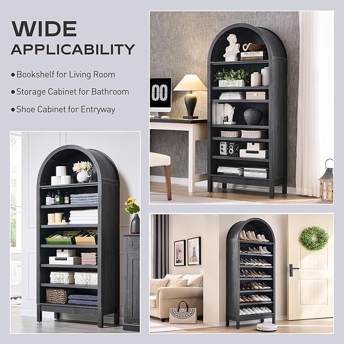 71" Tall Arched Bookshelf, 7 Tiers Arch Bookcase with Storage, Modern Farmhouse Book Shelf with Adjustable Shelves, Wood Bookshelf w/Open Display Shelves for Living Room, Office (Dark Grey)