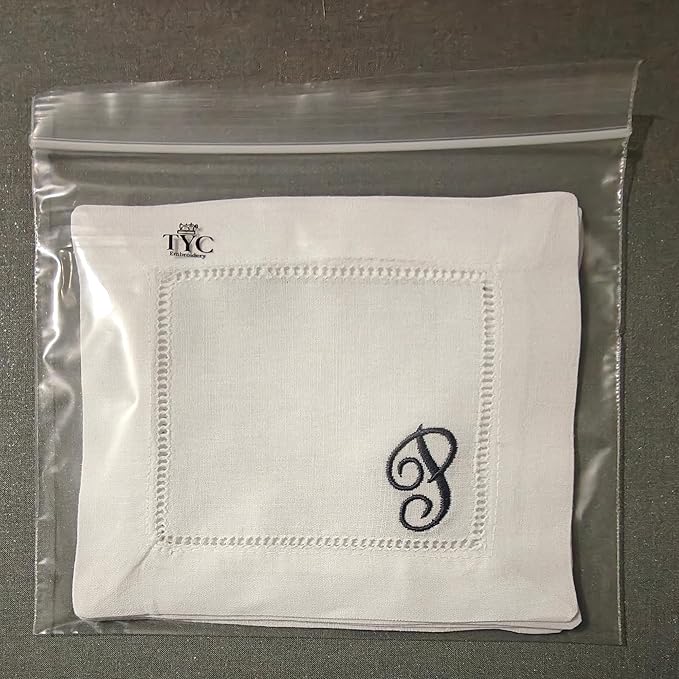 Personalized Embroidered Linen Cotton White Cocktail Napkins Cloth Hemstitch, Custom Initials Letter Name Wedding Party Kitchen Monogrammed Coasters (Set of 4)