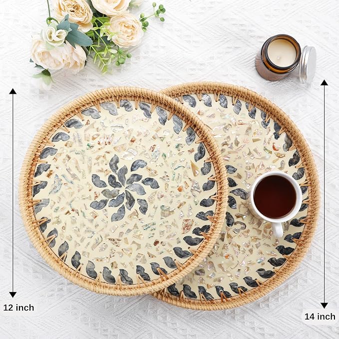 Rattan Serving Tray with Mother of Pearl, Round Coffee Table Tray Decor, Round Wicker Tray, Boho Decorative Tray, Woven Tray (Lucky Flower, 12" & 14")