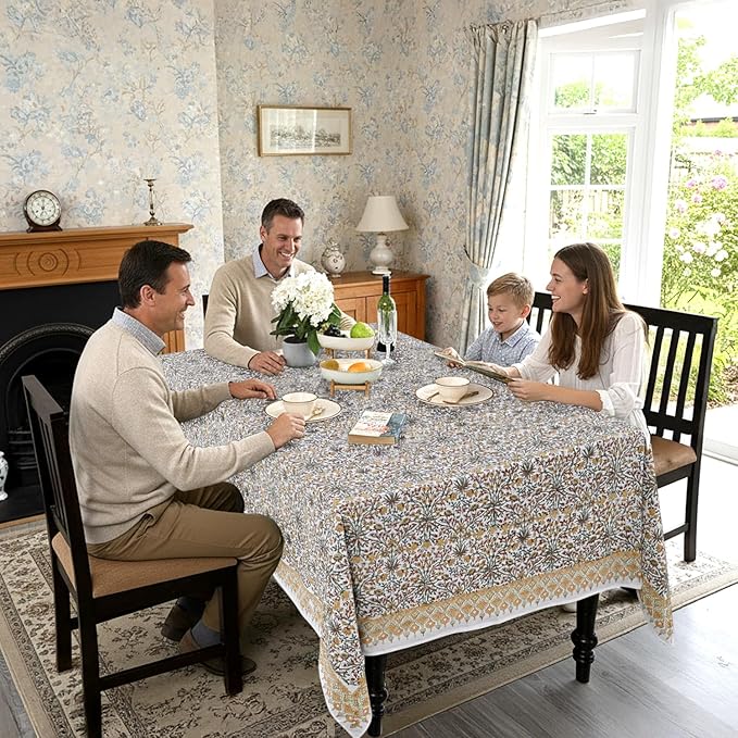 Ridhi Hand Block Print Goldenrod Yellow Rectangle Cotton Tablecloth 190" x 72" Reusable Table Cover Decorative Everyday Use for Dining, Farmhouse, Home Gift for Spring, Easter, Valentine