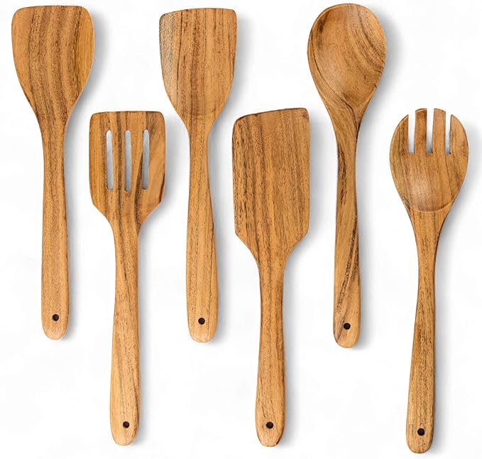 Mie Creations Acacia Wood Spatulas for Cooking, 6 Pcs Wooden Kitchen Cooking Utensils for Nonstick Pans & Cookware, Set of 6 Turner, Paddle, Slotted Spatula, Spoon, Fork, Sturdy Smooth Heat Resistant