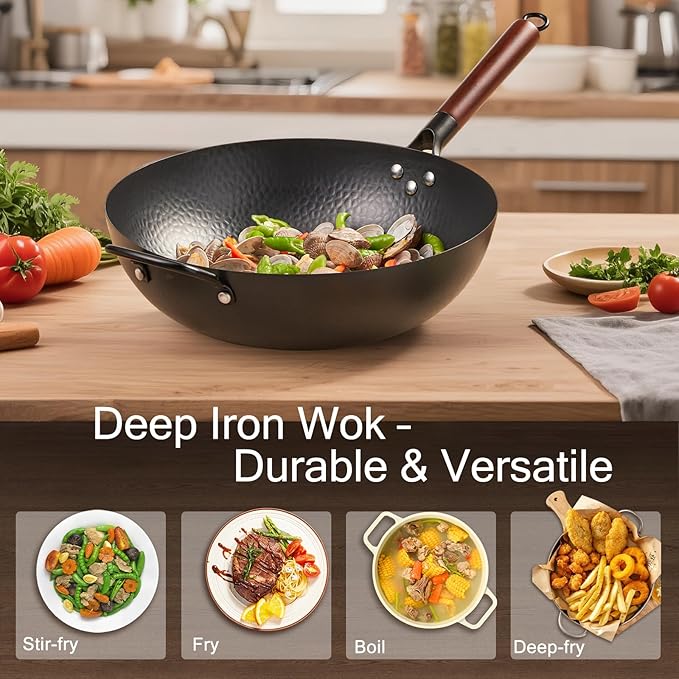 WANGYUANJI Carbon Steel Wok with Lid, 13.4" Hand Hammered Stir Fry Pan with Detachable Wooden Handle, Flat Bottom Wok Pan for Electric, Induction & Gas Stoves, No Coating (Black)
