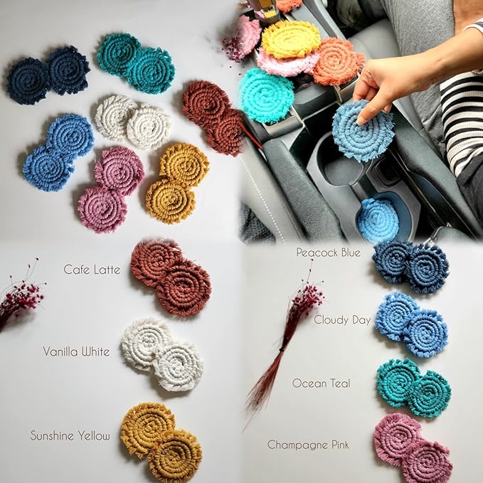 Cotton Car Coasters for Cup Holders, 2PC Car Cup Coasters, Drink Coaster Holder, Cute cupholder Coaster Accessories for Women, Macrame, Boho (Sunshine Yellow)