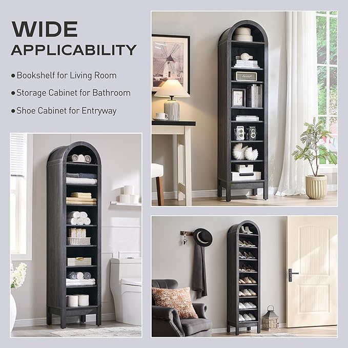 71" Tall Arched Bookshelf, 8 Tiers Arch Bookcase with Storage, Modern Farmhouse Book Shelf with Adjustable Shelves, Wood Bookshelf w/Open Display Shelves for Living Room, Office (Dark Grey)