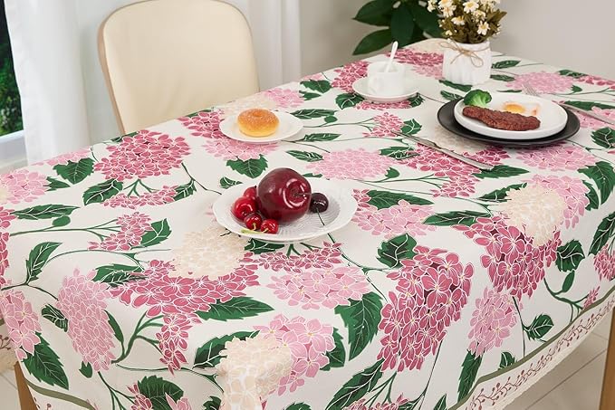 French Vintage Floral Tablecloth Rectangular, Linen Table Cloth with Flowers and Leaves Pattern, Waterproof Decor Table Cover with lace for Dining Kitchen Christmas Holiday, 55''x 70''