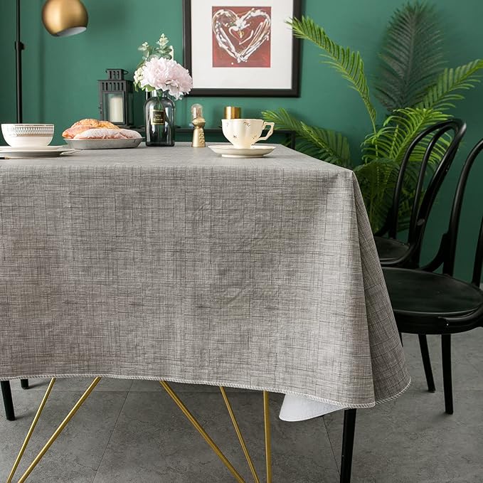 Pioggia Vinyl Tablecloth with Flannel Backing Rectangle Waterproof Oil-Proof Plastic Table Cloth Wipeable PVC Table Cover for Indoor and Outdoor (Grey, 60 x 84 Inch)