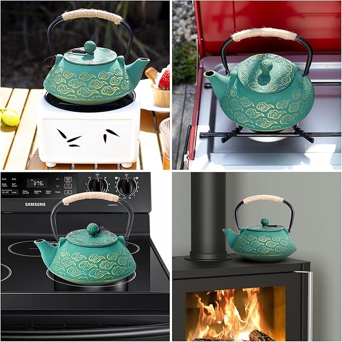 Cast Iron Teapot, Japanese Tea Pot with Infuser for Loose Leaf, Tea Kettle Stovetop Safe Coated with Enameled Interior, Clouds Pattern 27oz, 800ml Black
