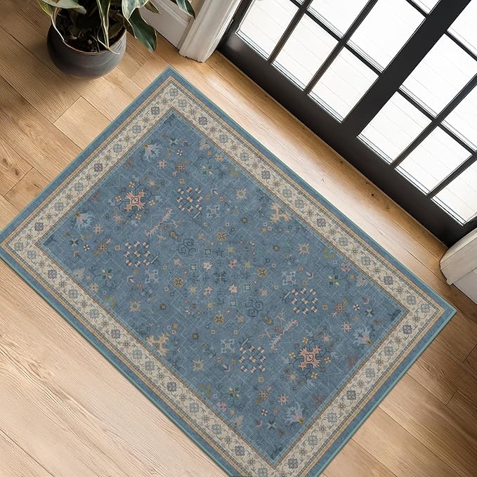 Blue 2x3 Washable Rug for Entryway Indoor, Kitchen Floor Waterproof, Bathroom, Powder Room, Non Slip Low Pile Stain & Fade Resistant, Modern Eclectic Floral Decor