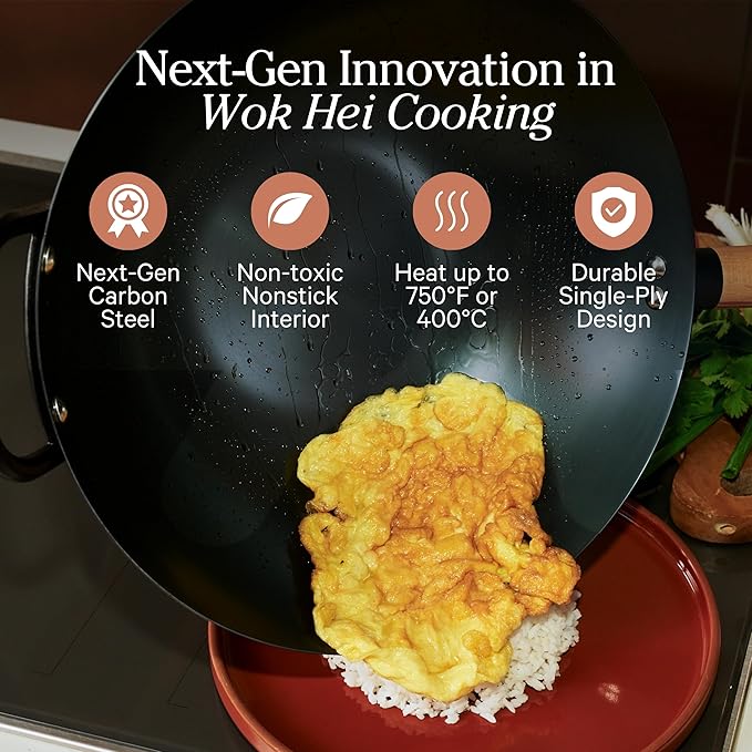 Our Place 13” Super-Nitrided Carbon Steel Wok Pan with Glass Lid & Beechwood Spatula | PFAS-Free, Induction Compatible & High-Heat Stovetop Safe to 750°F