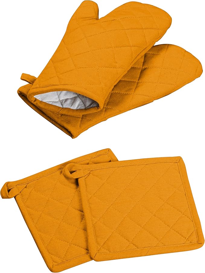Oven Mitt (7"x13") & Pot Holder (8"x8") 100% Cotton Set of Heat Resistant Oven Gloves & Hot Pads for Gifts, BBQ, Cooking, Baking, Thanksgiving - Mustard Yellow
