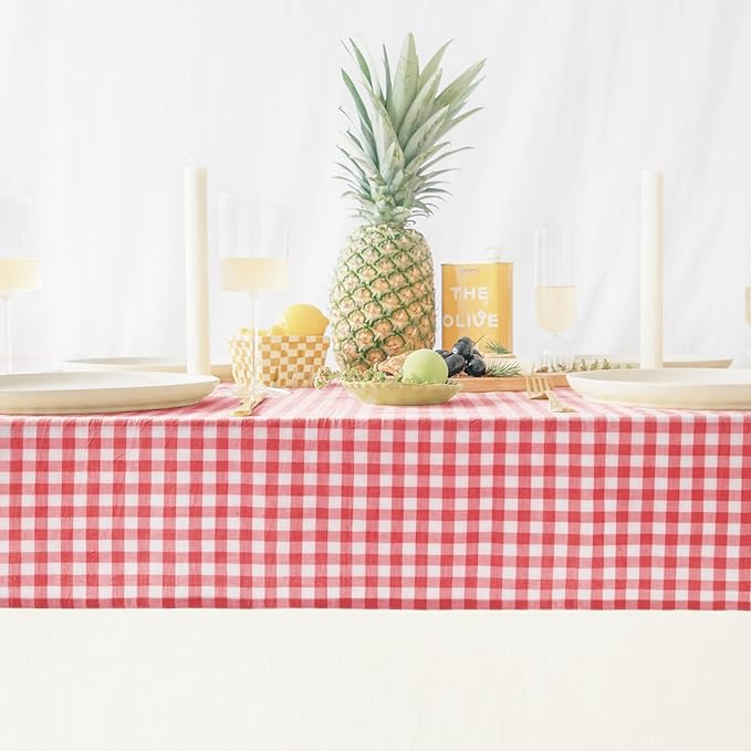 MONDAY MOOSE Gingham Checkered Farmhouse Rustic Picnic Style Decoration Rectangle Natural Stonewashed Cotton Tablecloth for Kitchen, Dining Room, Restaurant (60x86 inch, Red/White)