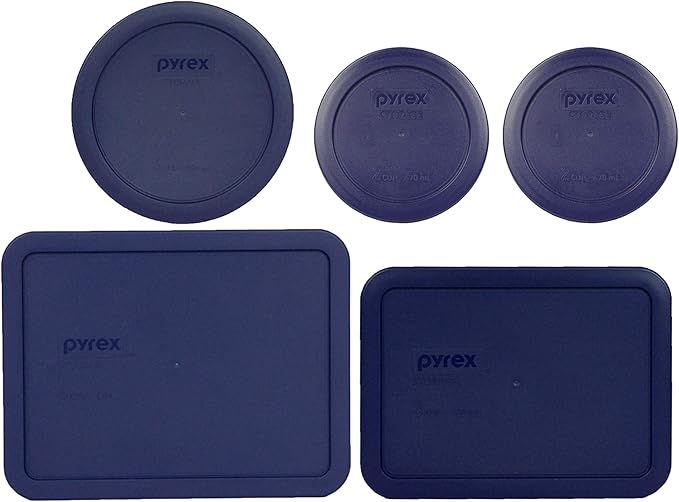Pyrex (2) 7200-PC 2 Cup, (1) 7201-PC 4 Cup, (1) 7210-PC 3 Cup, and (1) 7211-PC 6 Cup Blue Plastic Storage Lids Made in the USA