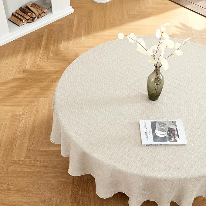 BALCONY & FALCON Round Tablecloth Washable Wrinkle Resistant and Water Proof Table Cloth Decorative Linen Fabric Tablecloths for Dining Parties Kitchen Wedding and Outdoor Use (Beige, 107" Round)