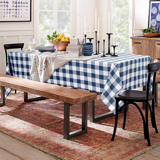 Hiasan 60 x 84 Inch Checkered Tablecloth Rectangle - Waterproof and Wrinkle Resistant Table Cloth for Picnic, Dinner and Party, Washable Polyester Fabric, Navy Blue and White Gingham Pattern