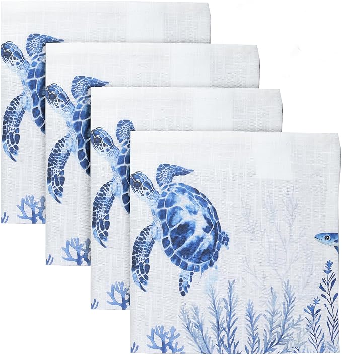 Vintage Vista Cotton Cloth Napkins Set of 4 (17" x 17") - Digital Printed Table Napkins Cloth Washable & Reusable for Everyday Use, Christmas, Thanksgiving, Halloween & More - (Blue Turtle)