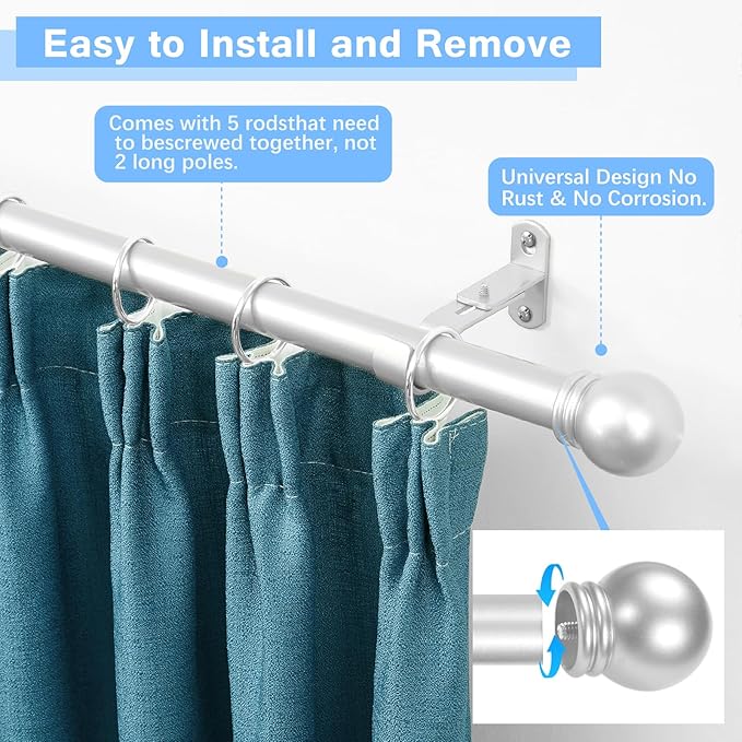 Curtain Rods for Windows 16 to 76 Inches, Curtain Rod Max Adjustable Length of 88 IN, 1" Diameter Drapery Rods Round Finials, Satin Silver, Pack of 1