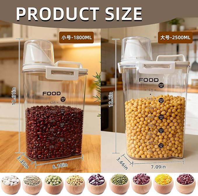 6-Pc Airtight Cereal Storage Containers Set(1.8L×3 & 2.5L×3), Cereal Containers Storage with Pour Spout & Measuring Cup, BPA-Free Plastic Canisters for Rice, Flour, Pet Food Kitchen Pantry