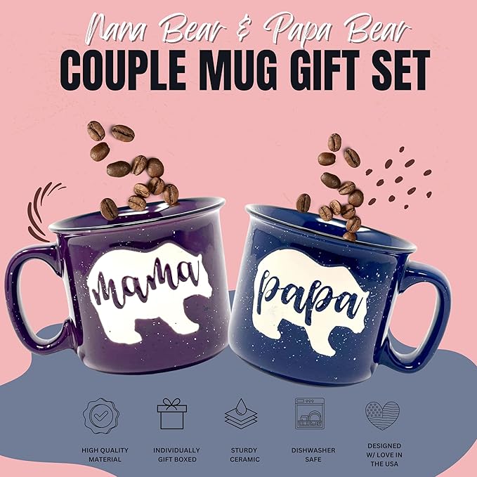 Mama Bear & Papa Bear 15 oz Coffee Mug Set - Cute Coffee Cup Gift Set for Men and Women - Unique Fun Gifts for Couples, Parents, Grandparents for Birthdays, Mother's Day, Father's Day, Christmas